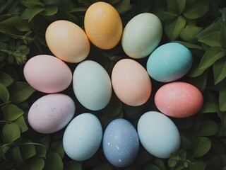 Nine Pastel Speckled Easter Eggs Nestled in Green Leaves 1