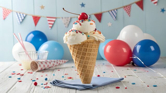 Colorful illustration of National Ice Cream Day celebration with giant waffle cone, scoops of ice cream, sprinkles, cherry topping, happy people, festive background