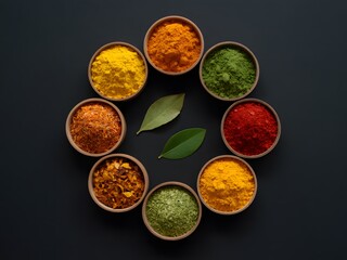Nine Small Bowls of Colorful Spices Arranged in a Circle on Black Background