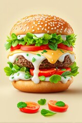  Hamburguesa alta y generosa con queso fundido, lechuga y tomate, acompañada de salsa blanca, decorado con hojas y tomates.
