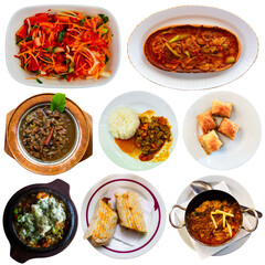 Set of various plates of Turkish cuisine isolated on white background