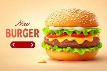 Hamburguesa bien montada con capas de queso, tomate y lechuga en pan con semillas de sésamo. Fondo claro con mensaje promocional.
