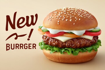  Jugosa hamburguesa con lechuga, tomate, cebolla y queso en pan de sésamo, acompañada del texto promocional "New Burger".
