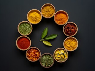 Nine Wooden Bowls of Colorful Spices Arranged in a Circle on Black Background