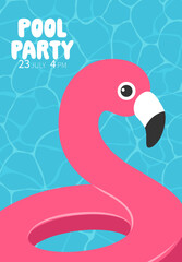 Pool party invitation pink inflatable flamingo swimming ring flat style.