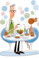  Padre e hija desayunan en una cafetería decorada con globos. Comparten panqueques, frutas y bebidas en un ambiente festivo y moderno.
