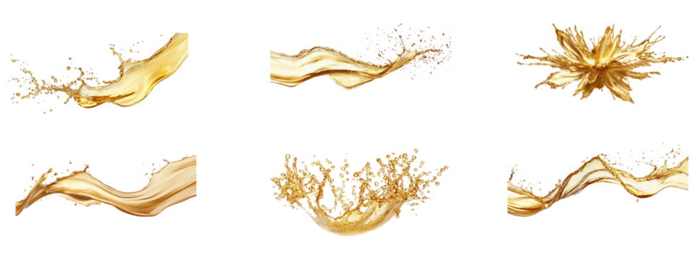 Collection of dynamic splash of gold paint caught mid-air, with trails of golden liquid suspended around it, against a simple transparent background