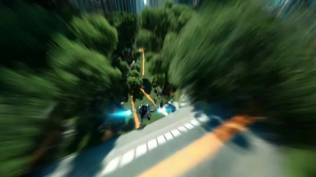 High-speed FPV drone dive through futuristic skyscraper gap