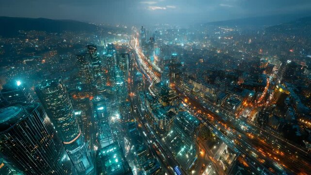 Nighttime drone view of futuristic illuminated megacity