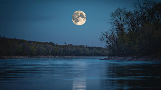 A full moon over the river with trees and a dark blue sky in the night time scenery outdoors - Powered by Adobe