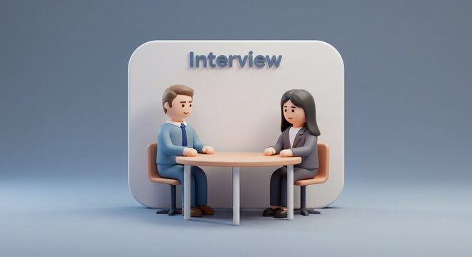 Cartoon man and woman at interview table with interview sign on background in a blue setting