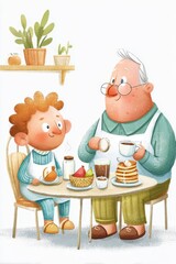  Abuelo y nieto sentados juntos con una torre de panqueques, frutas y bebidas calientes. Escena infantil llena de ternura.
