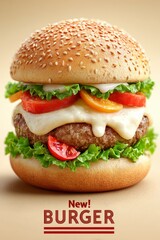  Hamburguesa publicitaria con queso fundido, lechuga crujiente, tomates y pan con sésamo sobre fondo claro.
