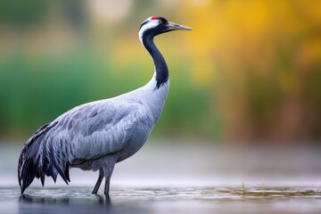 Gray crane standing in shallow water.