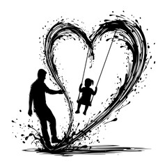 Silhouette of father pushing child on swing inside heart shaped ink splatter design on transparent background.