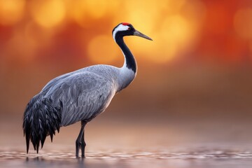 Obraz premium A gray crane stands gracefully in the golden light of dawn.