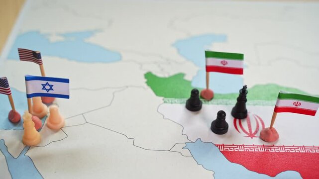Chess pieces and flags on a map represent the complex relationship between Iran, Israel, and the United States