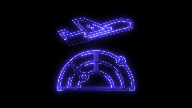 Airplane with navigation radar animated icon glowing neon light on black background