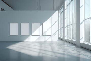 Obraz premium Sunlit minimalist gallery interior with four blank canvases on a white wall, large windows, and polished concrete floor