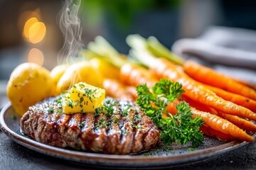  Filete a la parrilla servido con zanahorias hervidas, papas pequeñas y perejil fresco. El plato humeante resalta su frescura y sabor casero.
