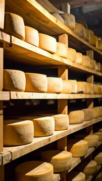 Large aging cheese wheels stacked high on wooden shelves inside a rustic cheese cave ready for consumption and sale at a marketplace.
