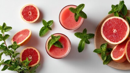 Naklejka premium Refreshing Citrus Delight: Vibrant still life showcasing refreshing glasses of juice alongside halved grapefruits and fresh mint sprigs on a wooden platter, exuding a natural and healthy vibe.