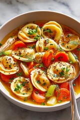  Sopa con tortellini rellenos, zanahoria, apio y perejil en caldo claro, servida caliente con pimienta negra.

