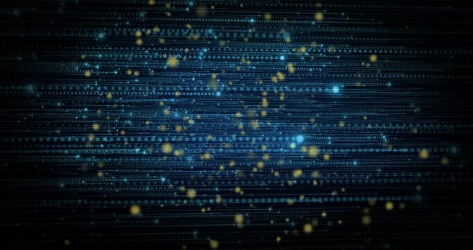 Flickering code glyphs causing golden particles emerging swirling blue lines visualizing data flow