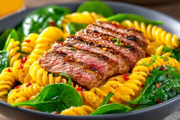  Fusilli acompañados de espinacas frescas y filete de res a la parrilla cortado en tiras, sazonado con especias.
