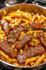  Pasta penne con tiras de carne en salsa espesa, servida caliente directamente en sartén metálica.
