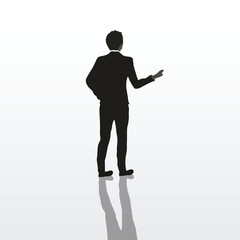 A black silhouette of a businessman standing with an open hand gesture, seen from behind, against a clean white gradient background with a subtle reflection.