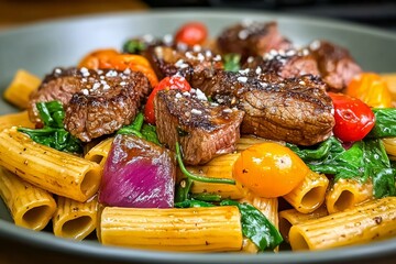  Plato de rigatoni con trozos de carne dorada, espinacas, tomates cherry y cebolla morada, decorado con sal marina.
