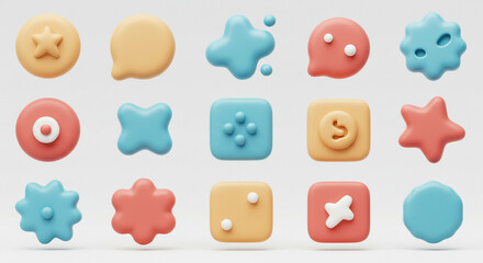 A collection of colorful d shapes including stars squares circles and abstract forms on a white background