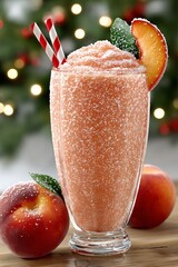  Batido granizado de durazno servido en vaso alto, cubierto con azúcar, adornado con menta y rodaja de fruta.
