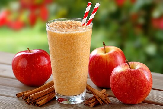  Vaso de batido de manzana con canela y dos pajillas rojas, rodeado de manzanas frescas y ramas de canela.

