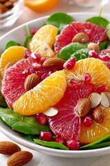  Ensalada fresca con hojas de espinaca, rodajas de naranja y toronja, almendras enteras y semillas de granada.
