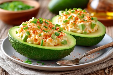  Mitades de aguacate rellenas con ensalada de huevo cremosa, cebolla verde y especias, sobre fondo rústico de madera.

