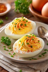  Huevos cocidos rellenos con crema de yema y especias, decorados con cebollino picado y perejil fresco sobre plato blanco.
