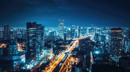Vibrant Night Scene of a City Skyline with Bright Lights and Busy Streets
