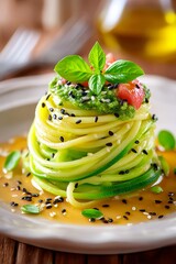  Pasta de calabacín servida en forma de espiral con salsa ligera, albahaca fresca y semillas de sésamo negro. Decoración colorida con tomate.
