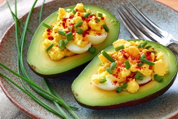  Mitades de aguacate rellenas de huevo cocido picado, cebollín y especias, servidas en plato de cerámica con tenedor.
