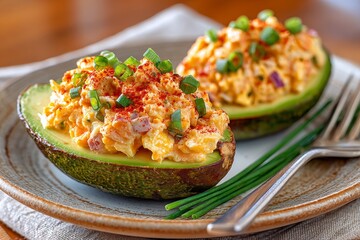  Aguacates rellenos con ensalada cremosa, trozos de huevo, cebolla y pimentón. Servidos sobre plato rústico con cebollino fresco.
