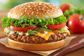  Hamburguesa con carne, queso cheddar, tomate y lechuga en pan de sésamo. Fondo difuminado con ingredientes frescos.
