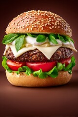  Hamburguesa destacada por hojas de menta fresca, dos capas de queso blanco, lechuga y tomate en pan de sésamo.
