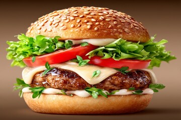  Hamburguesa con pan de sésamo, carne jugosa, lechuga crujiente, rodajas de tomate y mayonesa. Fondo cálido marrón.
