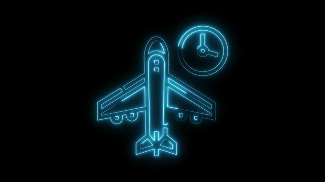 Glowing plane with time symbolization on black background animated digital flight schedule reminder