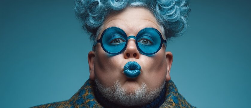 Flamboyant portrait of a man with exaggerated blue makeup, lipstick, and glasses, posing with a puckered expression