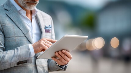 Business professional engaging with tablet outdoor setting digital interaction urban landscape close-up view modern work concept