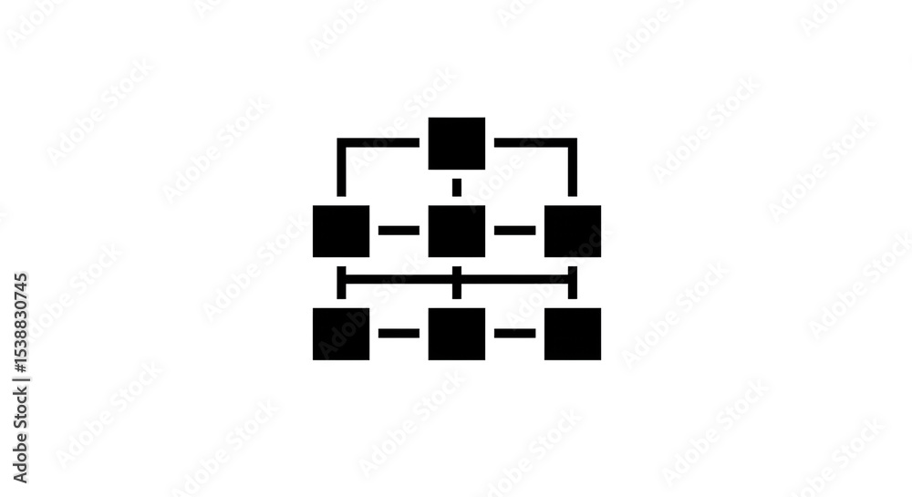 Poster a simple black diagram of a network or structure with connected squares on a white background plain 