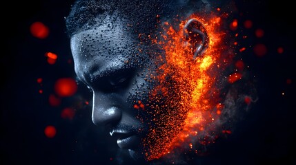 Fiery Man Portrait, Dark Background, Abstract Art, Strength